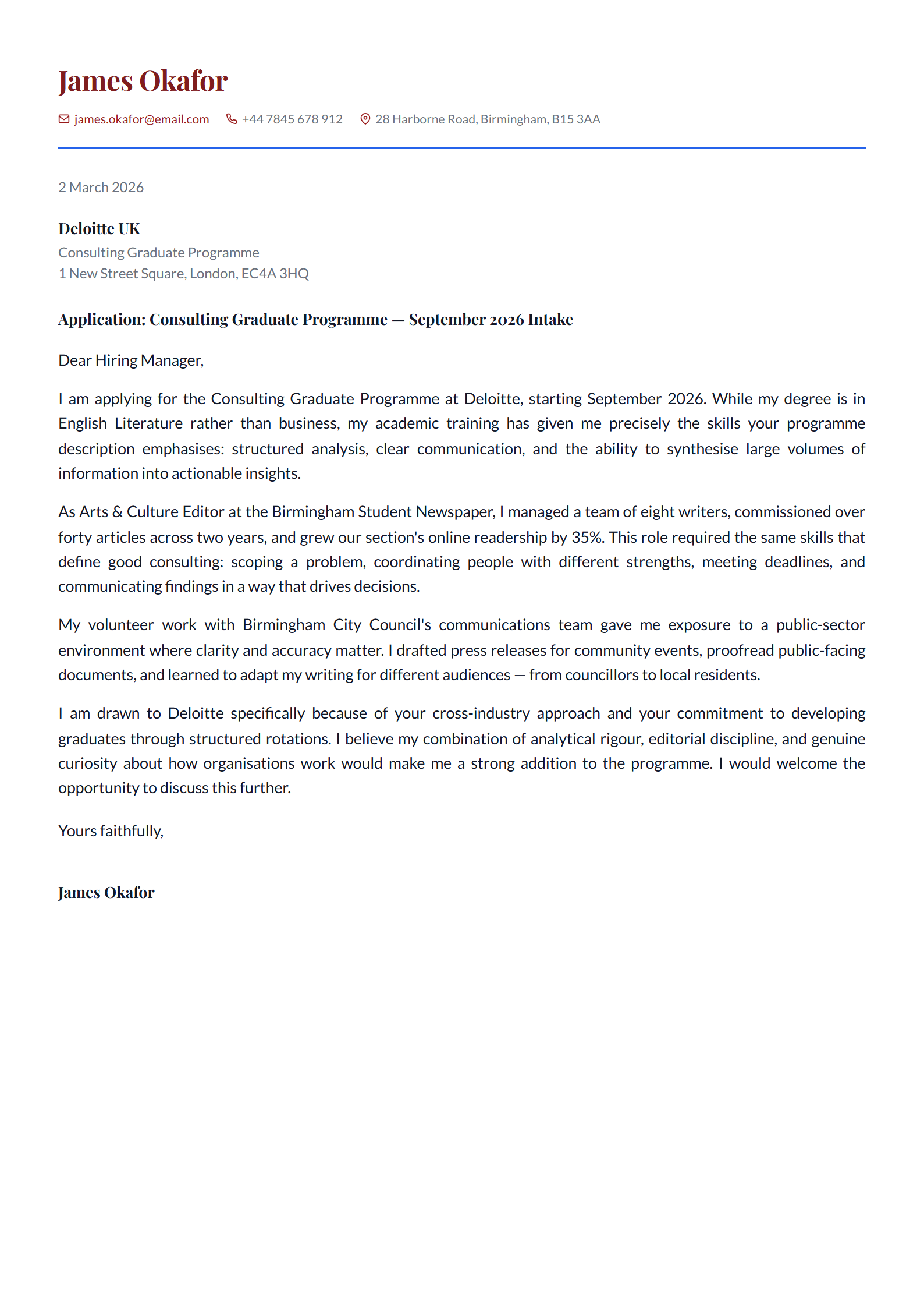 James's cover letter built with the Harvard template — traditional layout that matches the formality of a consulting application