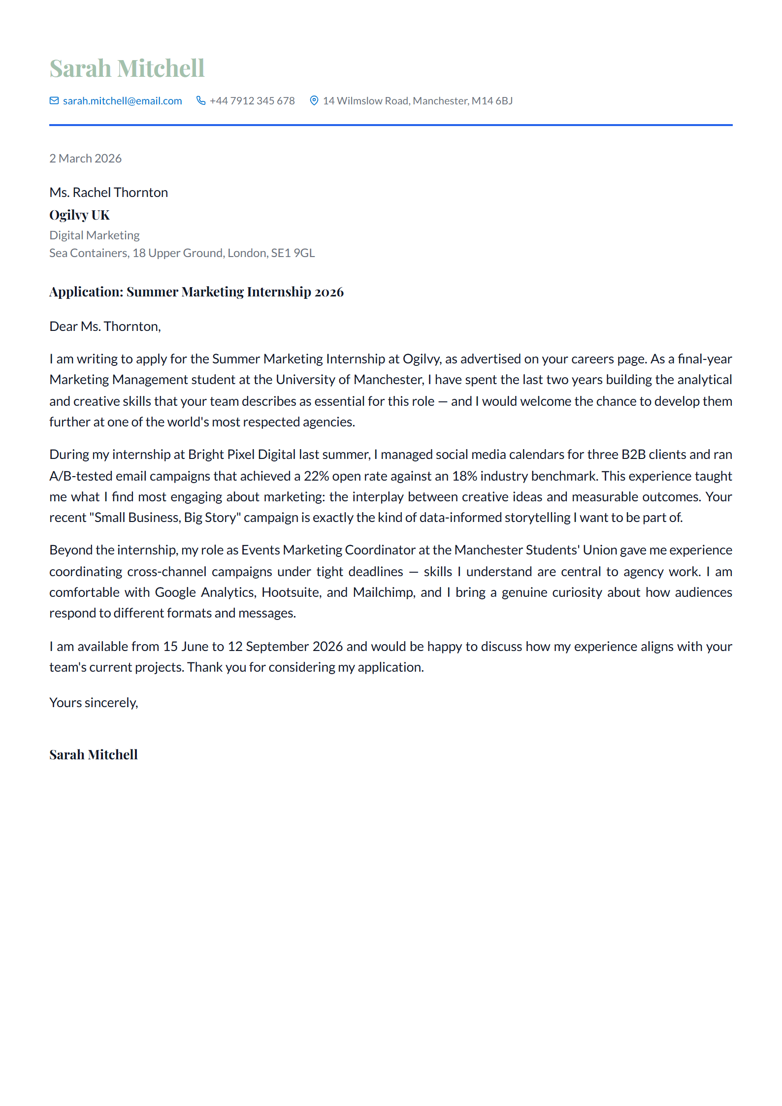 Sarah's cover letter built with the Cambridge template — professional letterhead with a clear four-paragraph structure