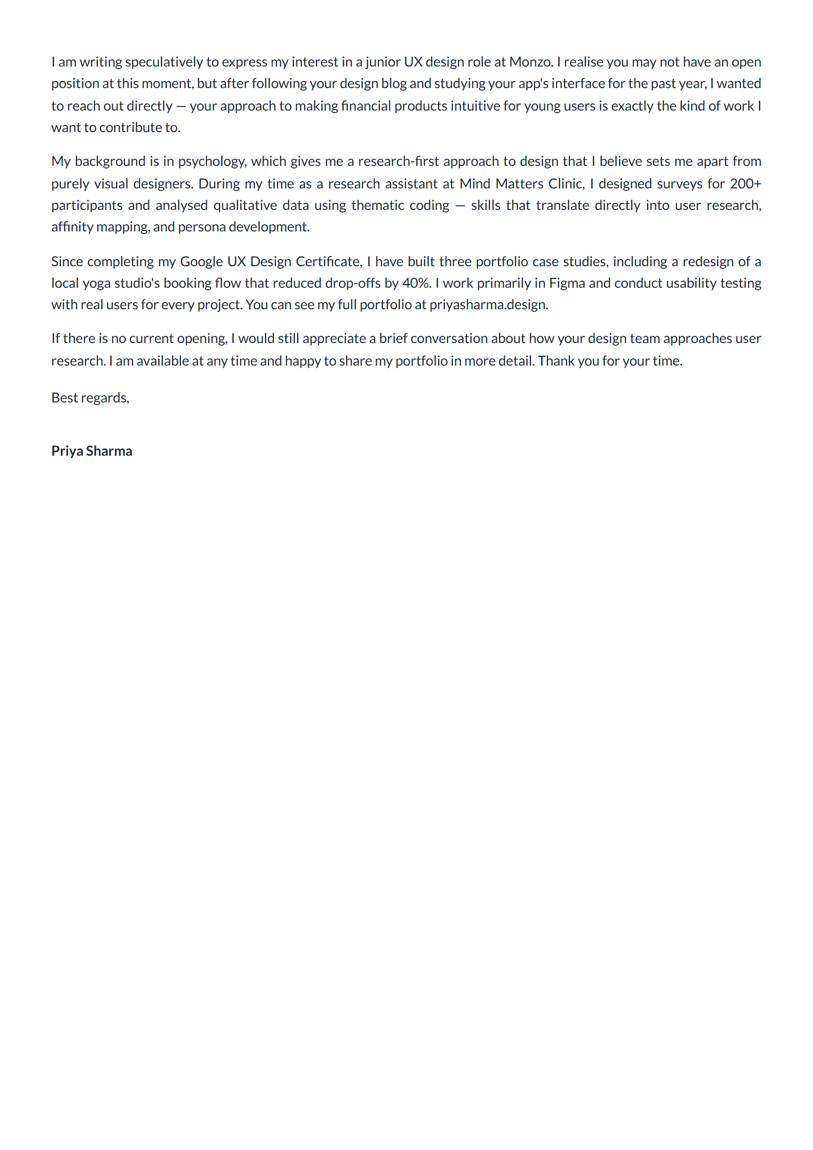 Priya's cover letter built with the Minimal template — clean layout that lets the compelling career-change narrative speak for itself